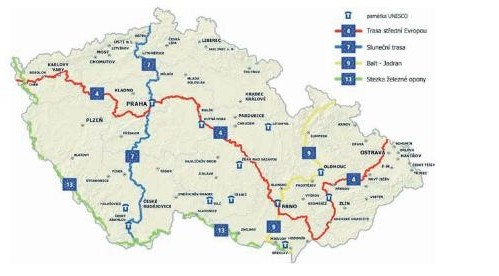 Mapa: Návrh vedení mezinárodních cyklotras EuroVelo přes Česko republiku